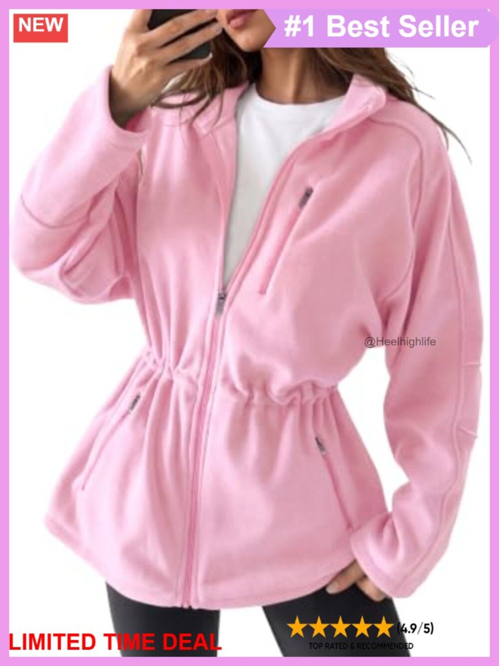 Fuzzy Fleece Zip Up Jacket Drawstring Waist Hooded Oversized